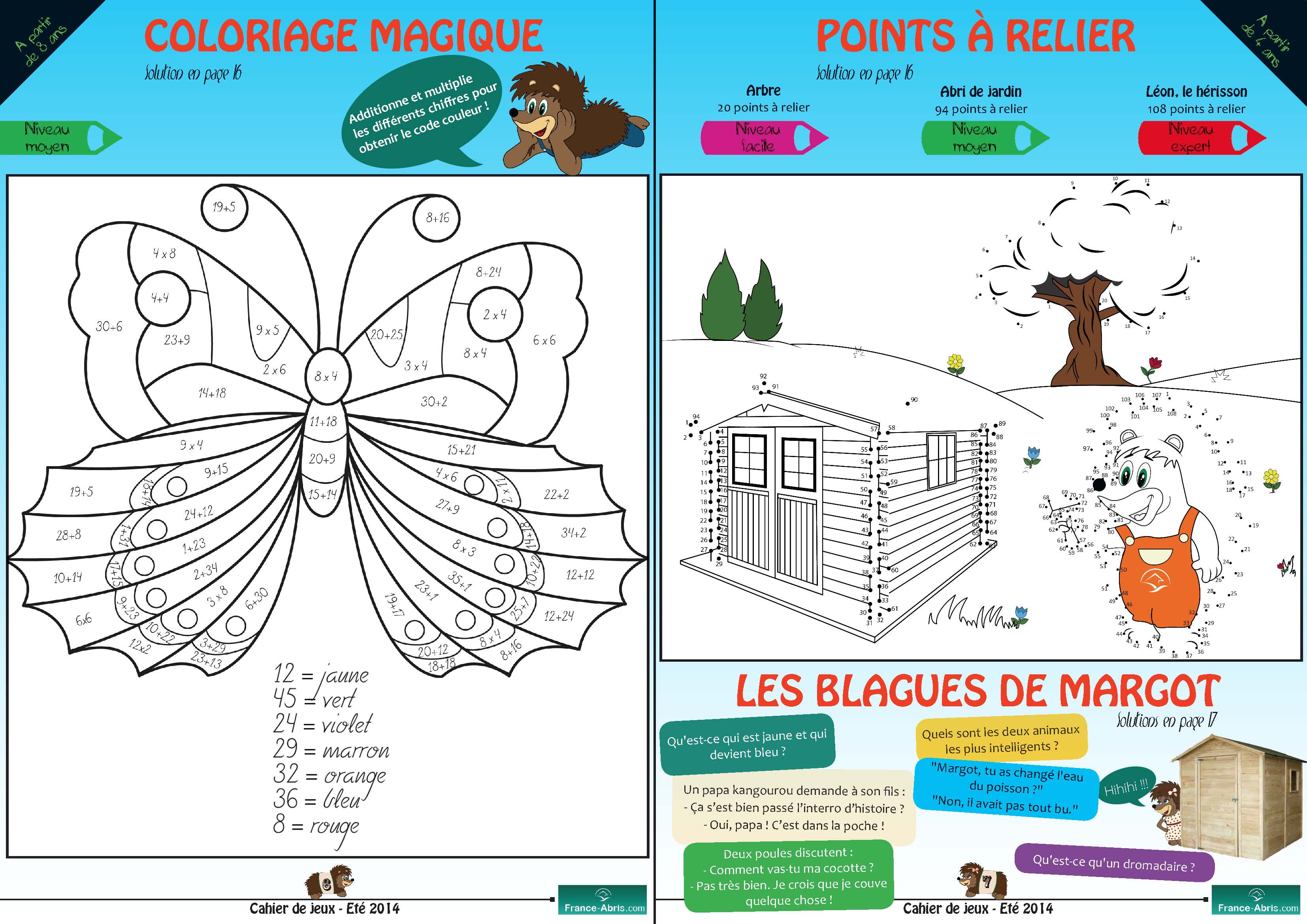 Double page cahier de jeux France Abris avec coloriage, points à relier et blagues