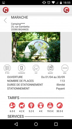 Aperçu de l'application mobile : fiche du camping Marache Caramaps