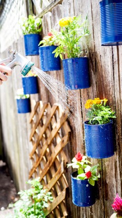 mur vertical avec des plantes en boîtes de conserve