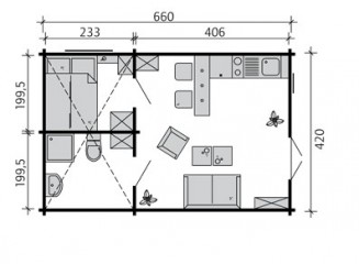 L'intérieur du chalet abri de jardin en bois avec terrasse