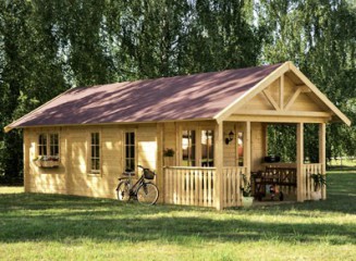 Chalet bois toit double pente avec terrasse/balcon intégré