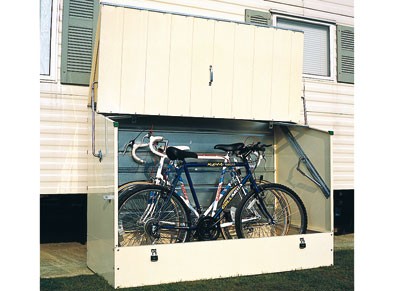 Coffre à vélo en acier galvanisé avec ouverture verticale à installer sous un carport métal