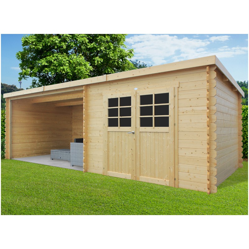 ABRI DE JARDIN BOIS 28 MM AVEC SALON EXTERIEUR PROTEGÉ - 20,12 m²