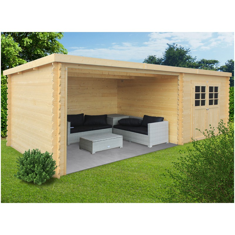 ABRI DE JARDIN BOIS 28 MM AVEC SALON EXTERIEUR PROTEGÉ - 20,12 m²