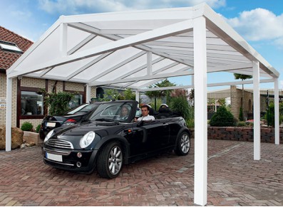 CARPORT DOUBLE SANS POTEAU CENTRAL EN ALUMINIUM ET POLYCARBONATE