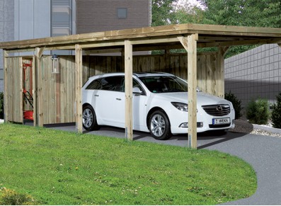 CARPORT AVEC REMISE ET PROTECTION LATERALE - BOIS AUTOCLAVE