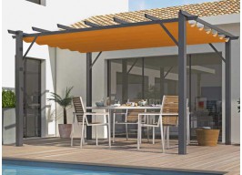 PERGOLA ALU GRIS + TOILE COULISSANTE COULEUR ROUILLE