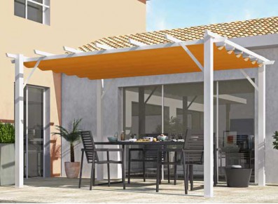 PERGOLA ALU BLANC + TOILE COULISSANTE COULEUR ROUILLE