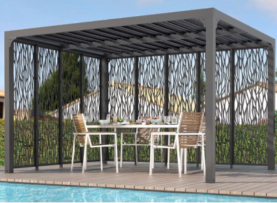 PERGOLA ALUMINIUM A LAMES ORIENTABLES ET PANNEAUX BRISE VUE