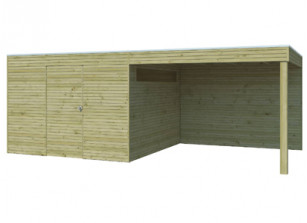 Abri en bois autoclave 28 mm 9 m2+ auvent 8.84m2