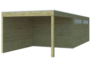 Garage + carport adossé, toit plat en EPDM - bois imprégné 28 mm