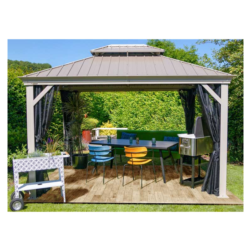 Tonnelle de jardin 3x4xH.2,85m- Structure Acier & Aluminium & toile  Polyester 180gm2- moustiquaires & rideaux polyester 160gm2