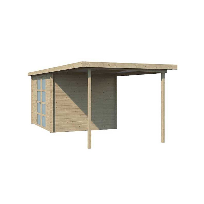Abri de jardin avec extension bois brut 19mm toiture acier 15 m2