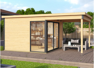 Abri jardin bois brut 44 mm avec auvent intégré