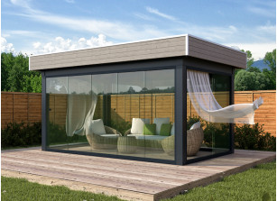 Bureau de jardin en kit moins de 20m2 avec auvent terrasse