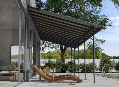 Abri Terrasse Adossé Alu Gris avec couverture polycarbonate bronze - 27m2