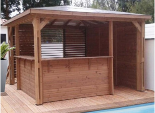 PERGOLA BOIS TOIT 4 PANS ALU AVEC VENTELLES ET COMPTOIRS