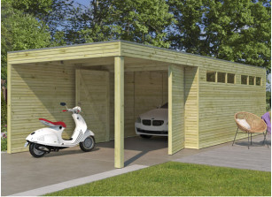 Garage + carport adossé, toit plat en EPDM - bois imprégné 28 mm