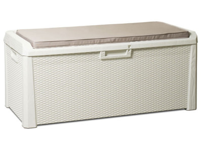 Coffre Banc en résine tressée blanche avec coussin - 550L