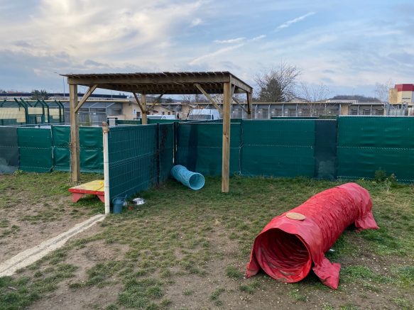 Un abri en bois installé à la SPA pour des parcours d'éducation canine