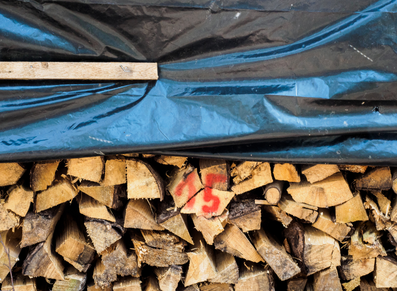 Des stères de bois stockées sous une bâche