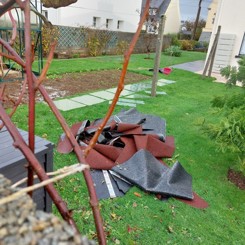 le feutre bitumé arraché de l'abri de jardin