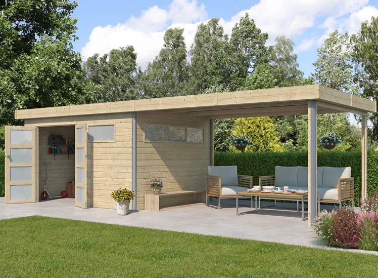 cabane de jardin avec auvent qui sert d'abri terrasse