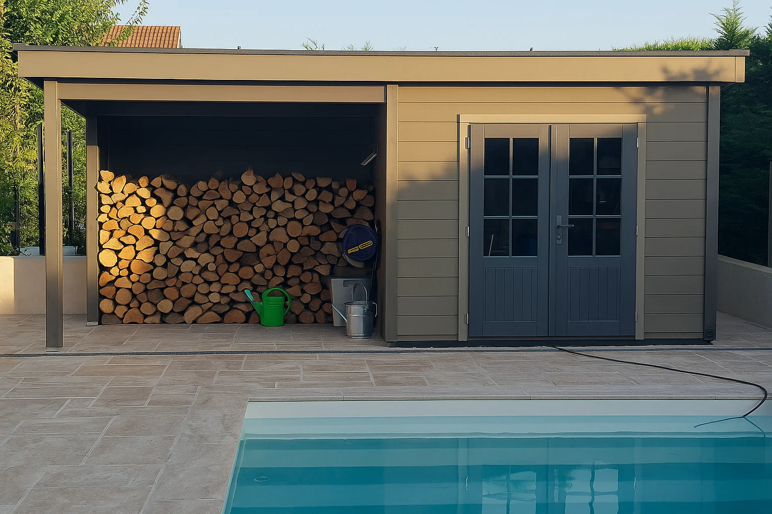 abri de jardin avec auvent qui sert de bûcher pour le bois