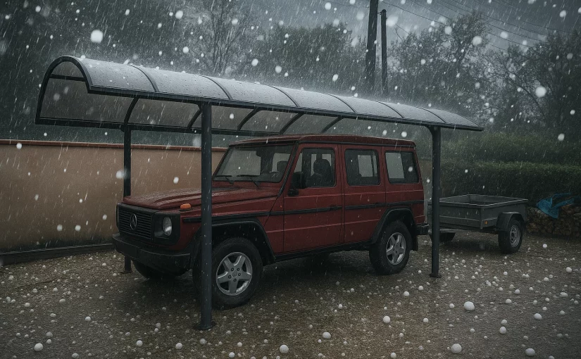 Un carport alu sous la grêle