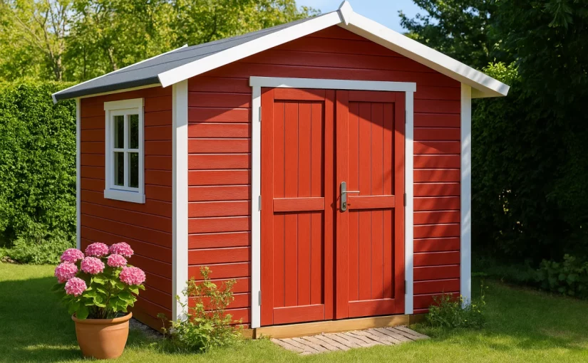 un abri de jardin en bois peint rouge