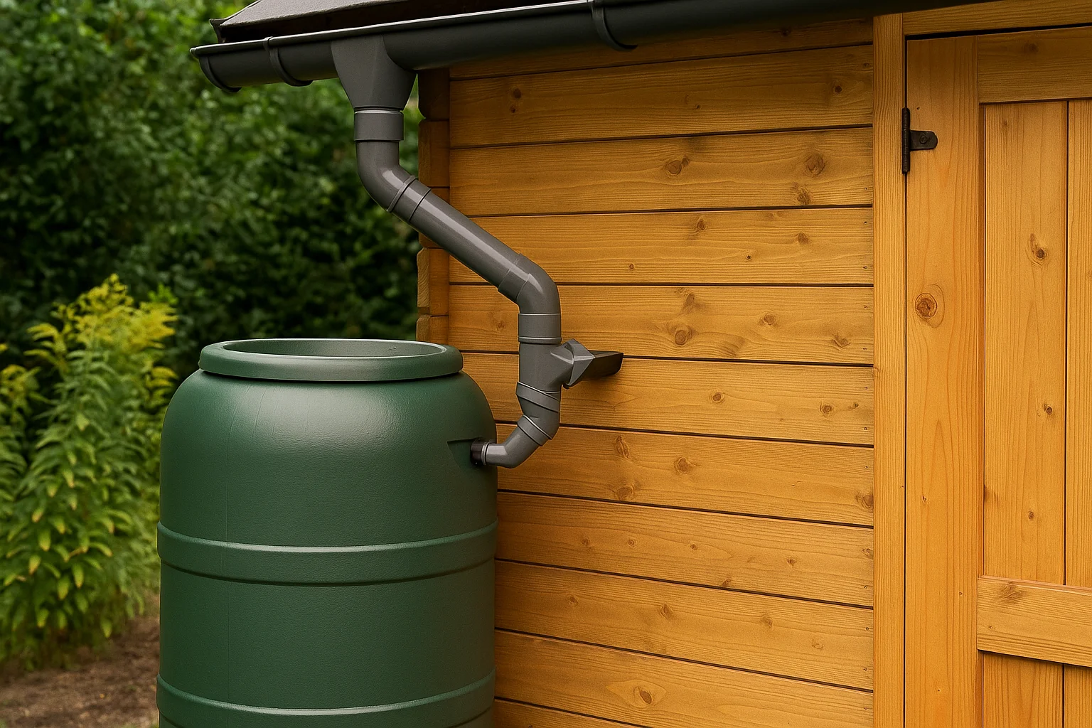 un abri de jardin et un récupérateur d'eau de pluie connecté