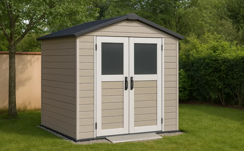une remise de jardin avec un seuil et une porte double