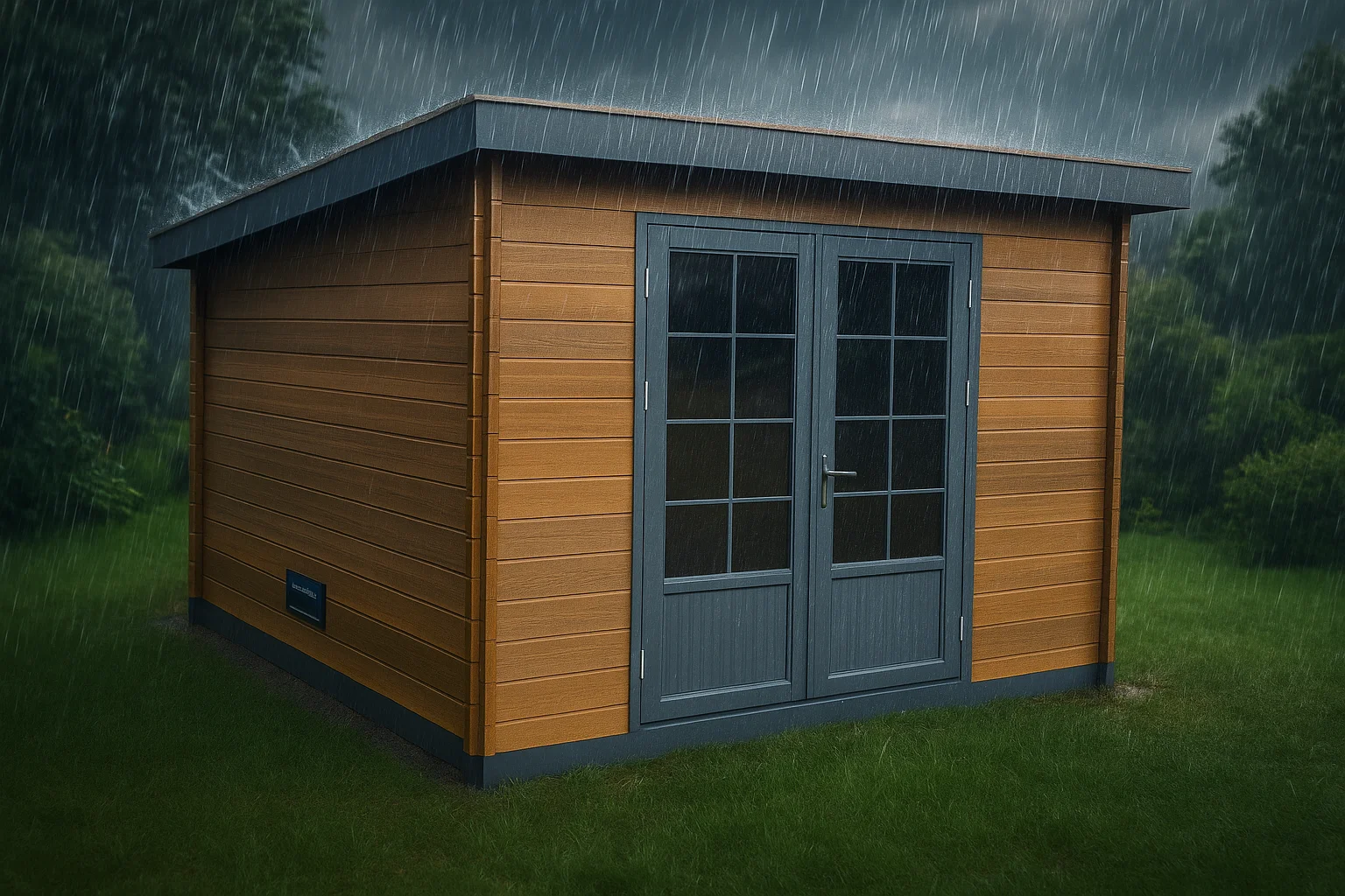 abri de jardin bois composite sous l'orage