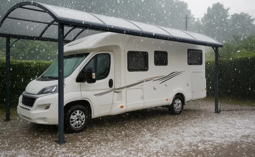 face à la grêle, le carport camping car