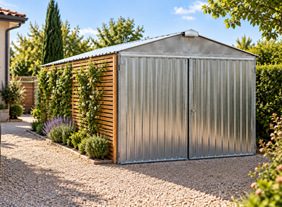 garage métallique en acier, habillage avec des bardages et de la végétation